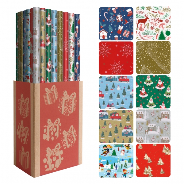 Dohe Présentoir de Noël de 50 rouleaux de papier cadeau – 10 motifs différents – 5 rouleaux par motif – Dimensions du rouleau 0,70 x 2 m