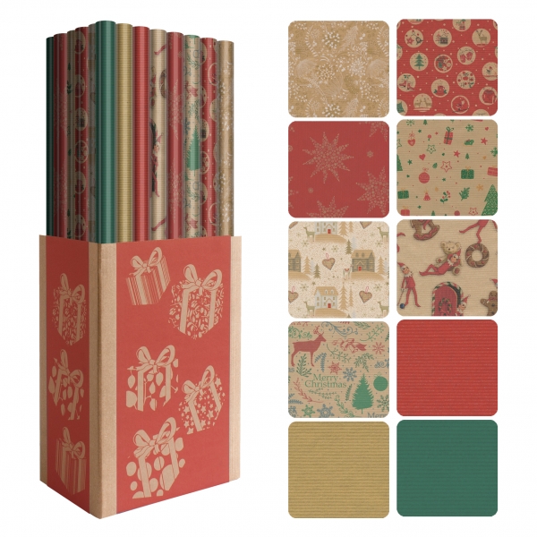 Dohe Présentoir Kraft de Noël de 50 rouleaux de papier cadeau - 10 motifs différents - 5 rouleaux par motif - Dimensions du rouleau 0,70 x 2 m