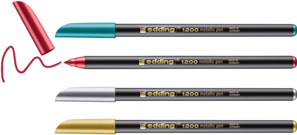 Edding 1200 Metallic Pack de 4 Marqueurs - Pointe Ronde - Trait 1mm - Encre à Base d'Eau - Couleurs Métalliques Or, Argent, Rouge et Vert