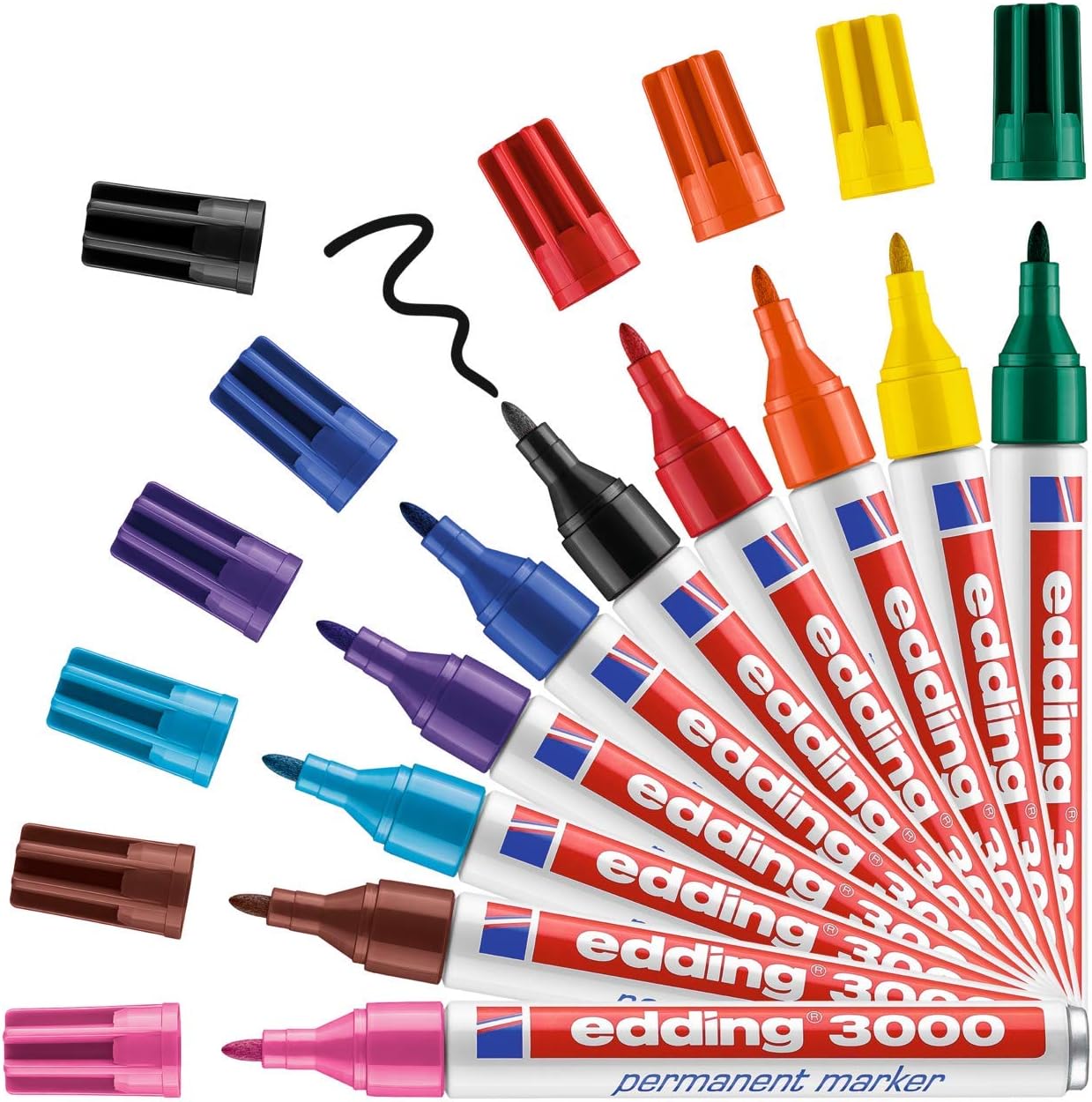 Edding 3000 Présentoir de 24 Marqueurs Permanents - Pointe Ronde 1,5 mm - Trait entre 1,5 et 3 mm - Rechargeable - Séchage Rapide - Couleurs Assorties