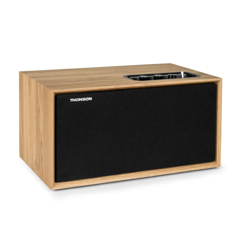 Enceinte Bluetooth 5.0 Thomson WS502 100 W - Boîtier en bois - Façade amovible - Entrée RCA, USB, AUX-IN - Couleur Bois