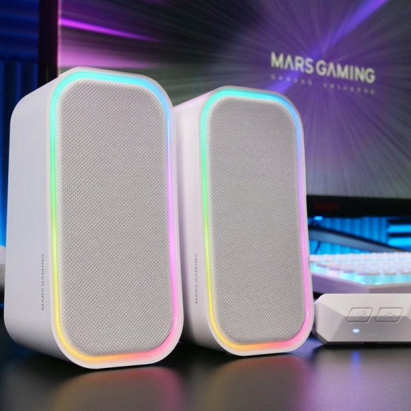 Enceintes Mars Gaming MS-OM - Son 20 W - Chipset DSP - Éclairage RVB - Bluetooth 5.3 - AUX-IN - Contrôle intuitif - Compatibilité universelle - Couleur blanche