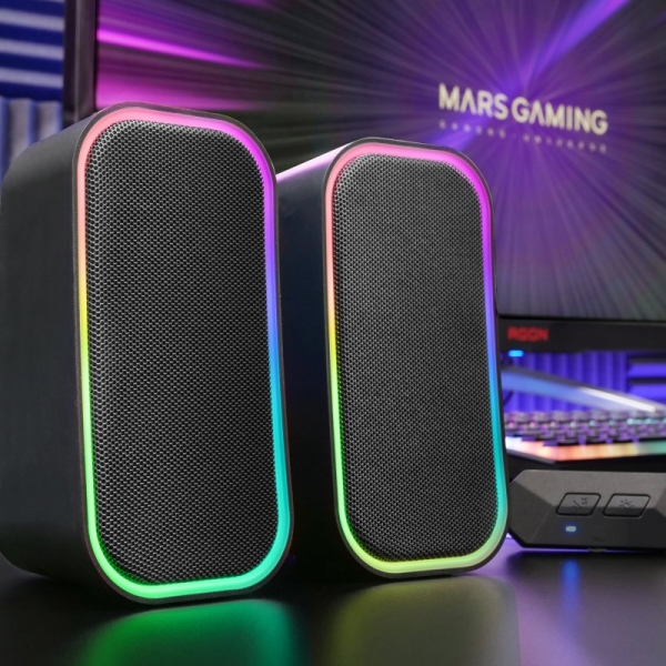 Enceintes Mars Gaming MS-OM - Son Surround 20W - Éclairage RGB contrôlable - Bluetooth 5.3 et AUX-IN - Compatibilité Universelle - Couleur Noir