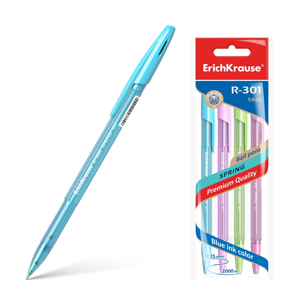 Erichkrause Pack de 4 Stylos à Bille R-301 Spring Stick 0.7 - Corps Hexagonal Translucide - Encre à Séchage Rapide - Couleur Bleu