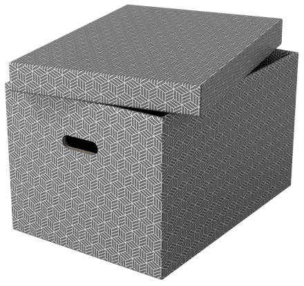 Esselte Pack de 3 Grandes Boîtes de Rangement avec Couvercles 355x305x510mm - Carton 100% Recyclé et Recyclable - Poignées Intégrées - Design Gris avec Dessin