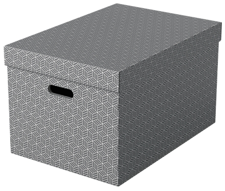 Esselte Pack de 3 Grandes Boîtes de Rangement avec Couvercles 355x305x510mm - Carton 100% Recyclé et Recyclable - Poignées Intégrées - Design Gris avec Dessin