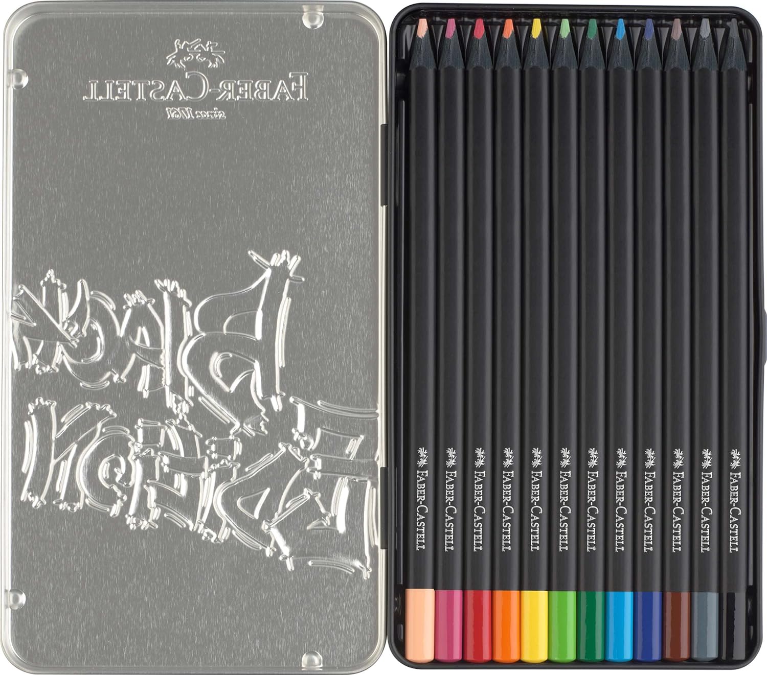 Faber-Castell Black Edition Boîte Métal de 12 Crayons de Couleur - Mine Super Douce - Bois Noir - Idéal pour Dessiner sur Papier Clair, Foncé et Coloré - Couleurs Assorties