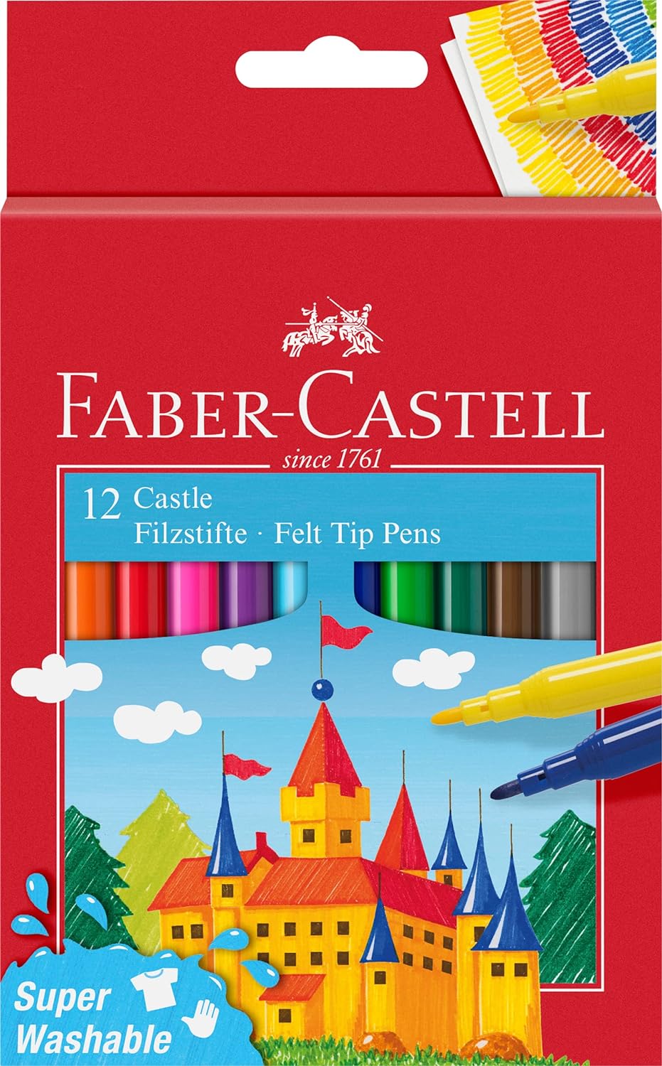 Faber-Castell Castle Pack de 12 marqueurs - Encre lavable à base d'eau - Couleurs assorties