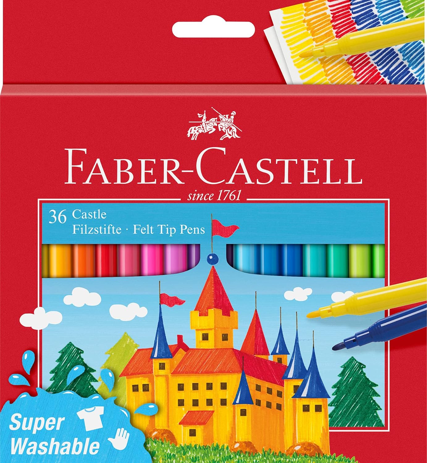 Faber-Castell Castle Pack de 36 marqueurs - Encre lavable à base d'eau - Couleurs assorties