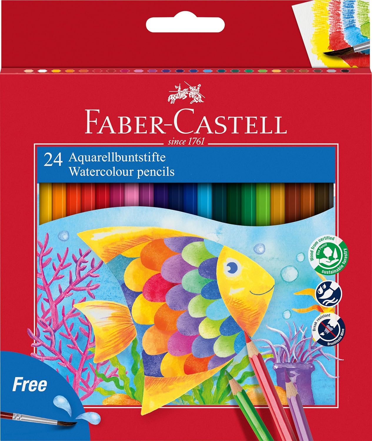 Faber-Castell Crayons aquarelle de couleur classique paquet de 24 crayons de couleur aquarelle hexagonaux + pinceau - Résistance à la rupture - Couleurs assorties