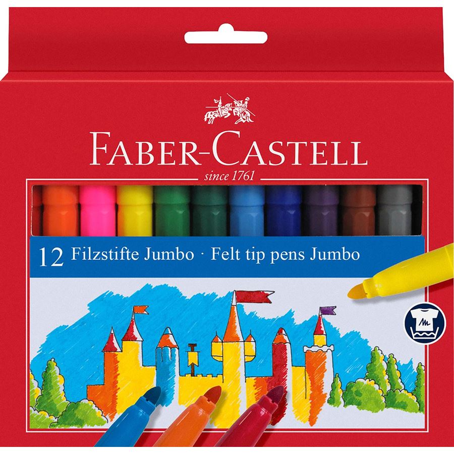 Faber-Castell Jumbo Pack de 12 marqueurs à pointe épaisse - Encre lavable à base d'eau - Couleurs assorties