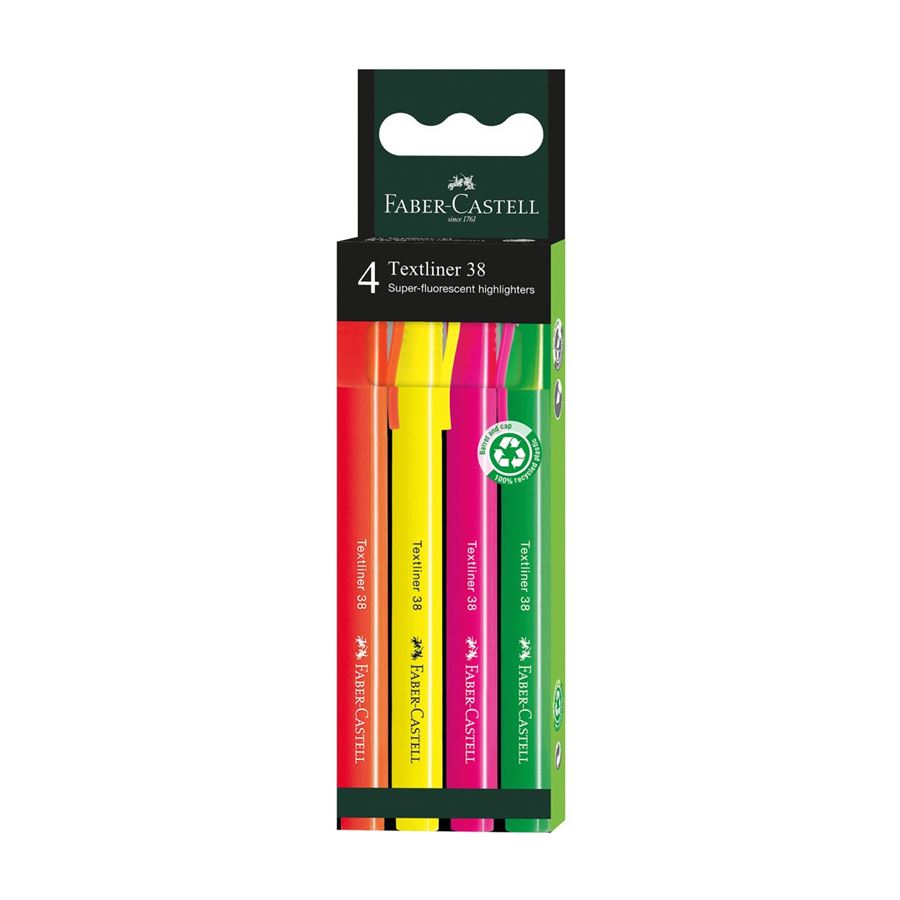 Faber-Castell Textliner 38 Lot de 4 marqueurs fluorescents - Corps fin - Pointe biseautée - Trait épais et fin - Encre à base d'eau - Couleurs assorties