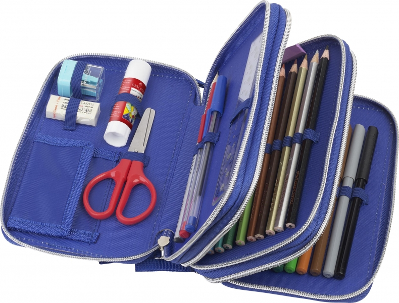 Faber-Castell Trousse à crayons à 3 niveaux motif dinosaure avec contenu standard : gomme, taille-crayon, crayon graphite HB, 2 stylos (bleu et rouge), règle de 15 cm, 18 crayons de couleur, 18 marqueurs, ciseaux et bâton de colle