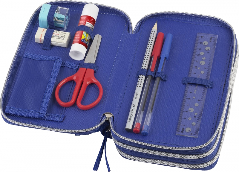 Faber-Castell Trousse à crayons à 3 niveaux motif dinosaure avec contenu standard : gomme, taille-crayon, crayon graphite HB, 2 stylos (bleu et rouge), règle de 15 cm, 18 crayons de couleur, 18 marqueurs, ciseaux et bâton de colle