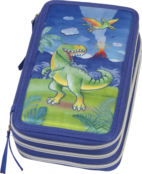 Faber-Castell Trousse à crayons à 3 niveaux motif dinosaure avec contenu standard : gomme, taille-crayon, crayon graphite HB, 2 stylos (bleu et rouge), règle de 15 cm, 18 crayons de couleur, 18 marqueurs, ciseaux et bâton de colle