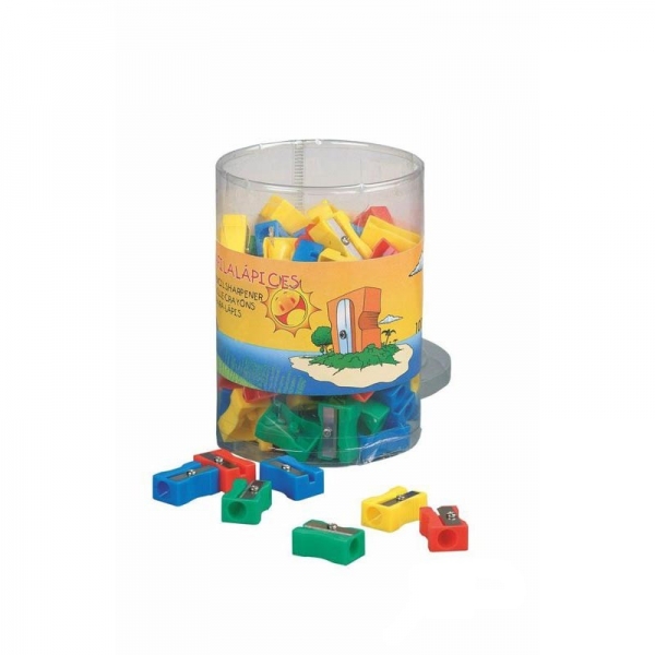 Faibo Bocal de 100 Taille-Crayons en Plastique 1 Trou - 100% Recyclable - Couleurs Assorties