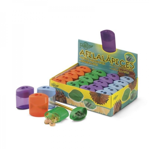 Faibo Présentoir de 20 Taille-Crayons 2 Trous avec Consigne - 100% Recyclable - Couleurs Assorties