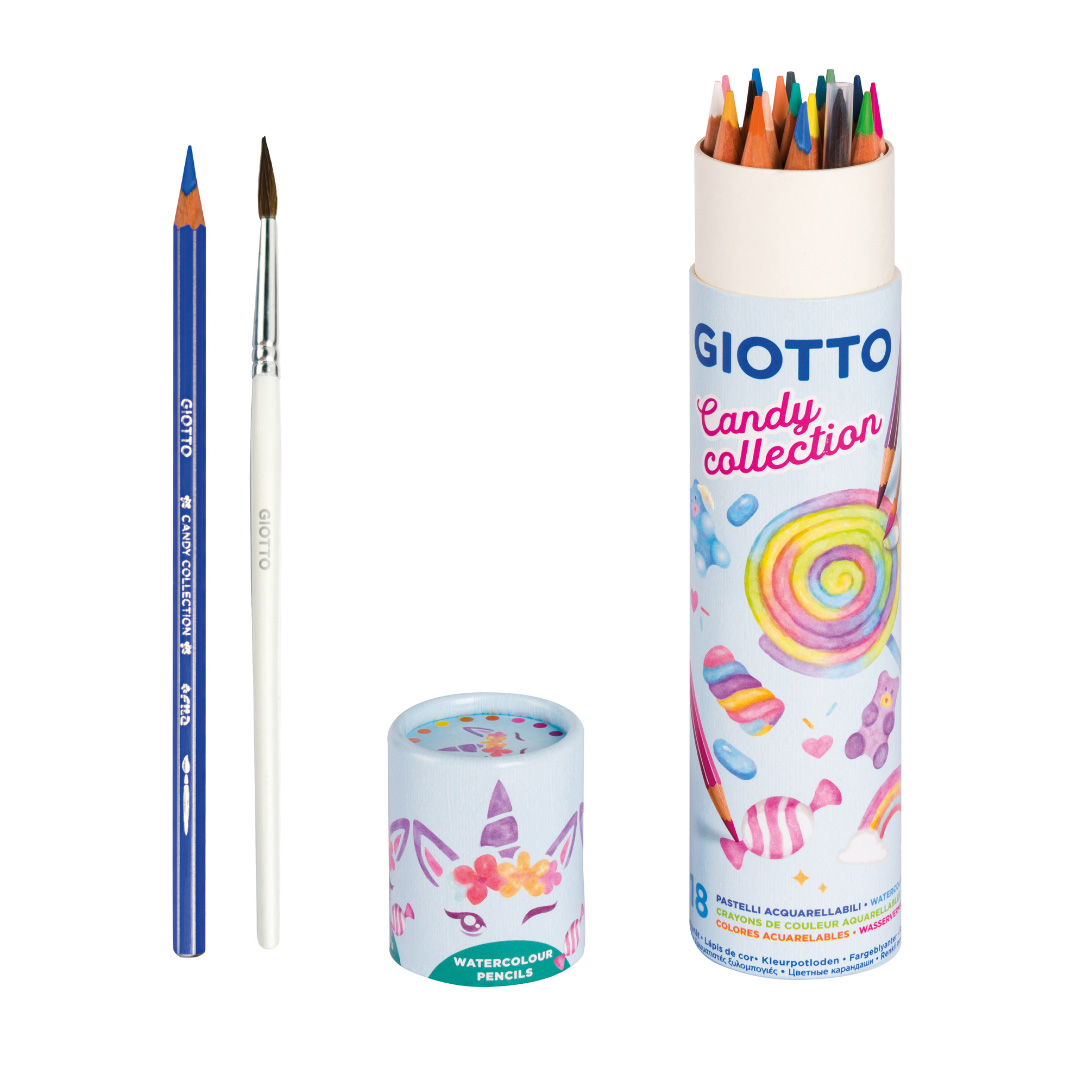 Giotto Candy Collection Acquarell Pot de 18 crayons aquarelle hexagonaux + pinceau - Couleurs assorties