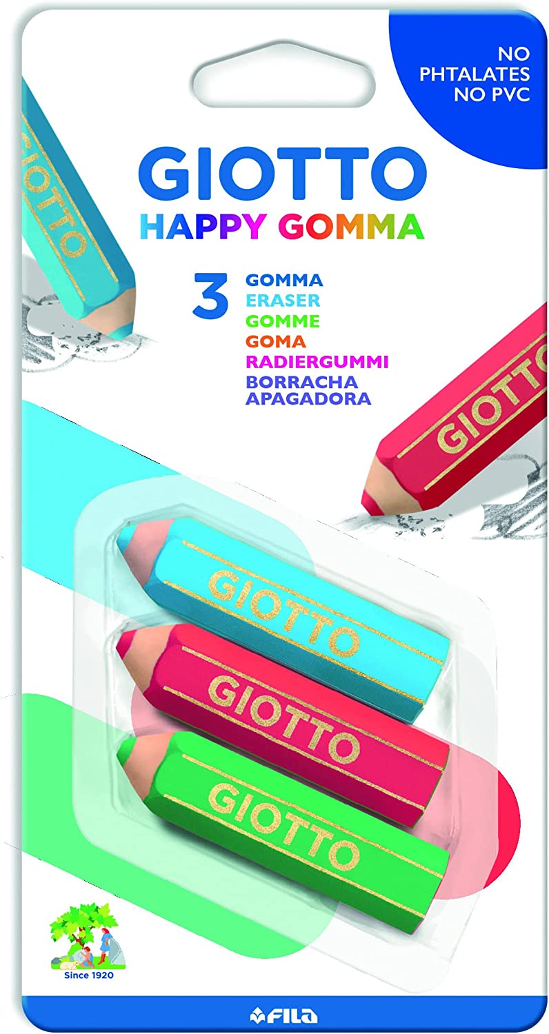 Giotto Happy Rubber Pack de 3 Gommes - Plastique - Couleurs Assorties