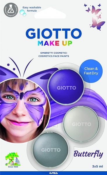 Giotto Make Up Butterfly Pack avec 3 maquillages pour le visage sur le thème des papillons - Se lave à l'eau - Testé dermatologiquement - Couleurs assorties