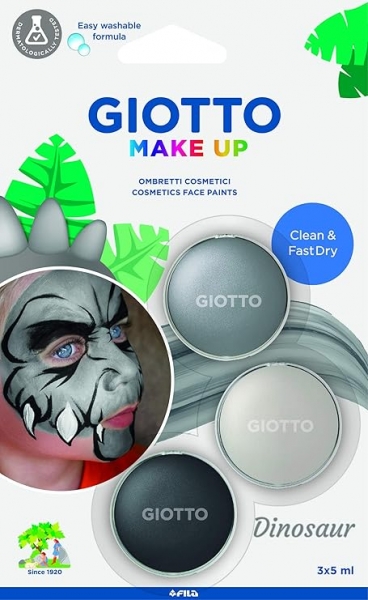 Giotto Make Up Dinosaur Pack avec 3 maquillages pour le visage sur le thème des dinosaures - Se lave à l'eau - Testé dermatologiquement - Couleurs assorties