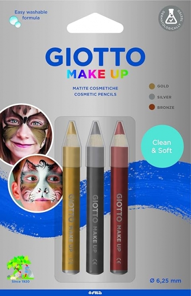 Giotto Make Up Metallic Pack avec 3 crayons cosmétiques - Se lave à l'eau - Testé dermatologiquement - Couleurs métalliques assorties