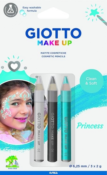 Giotto Make Up Princess Pack de 3 crayons cosmétiques sur le thème des princesses - Se lave à l'eau - Testé dermatologiquement - Couleurs assorties