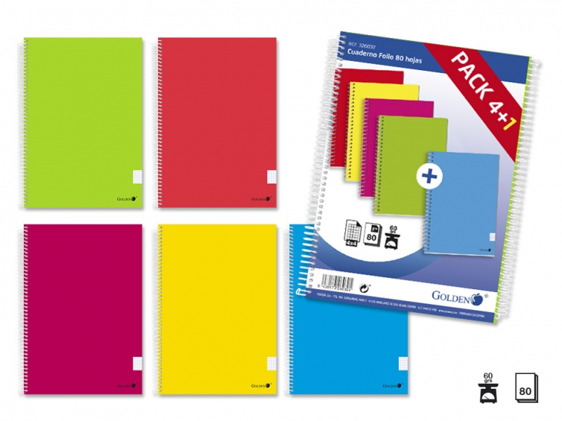 Golden Pack de 5 Carnets Couverture Plastifiée Normale 80 Feuilles - Marge surlignée - Grille 4x4