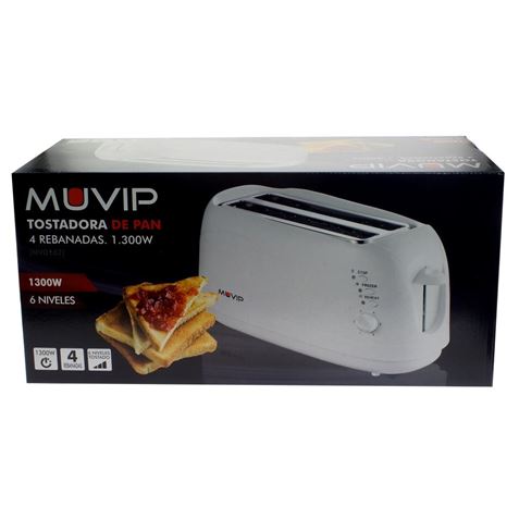 Grille Pain Muvip 1300W - Capacité pour 4 Tranches - 6 Niveaux de Grillage - Fonction Chaleur, Décongélation et Réchauffage - Arrêt Automatique et Manuel