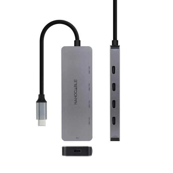 Hub Nanocable USB-C 3.2 avec 4x Ports USB-C 3.2 + 1 Port USB-C PD 100W - Vitesse de transfert jusqu'à 10Gbps - Câble 0,10m