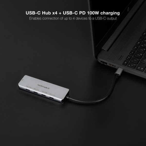 Hub Nanocable USB-C 3.2 avec 4x Ports USB-C 3.2 + 1 Port USB-C PD 100W - Vitesse de transfert jusqu'à 10Gbps - Câble 0,10m