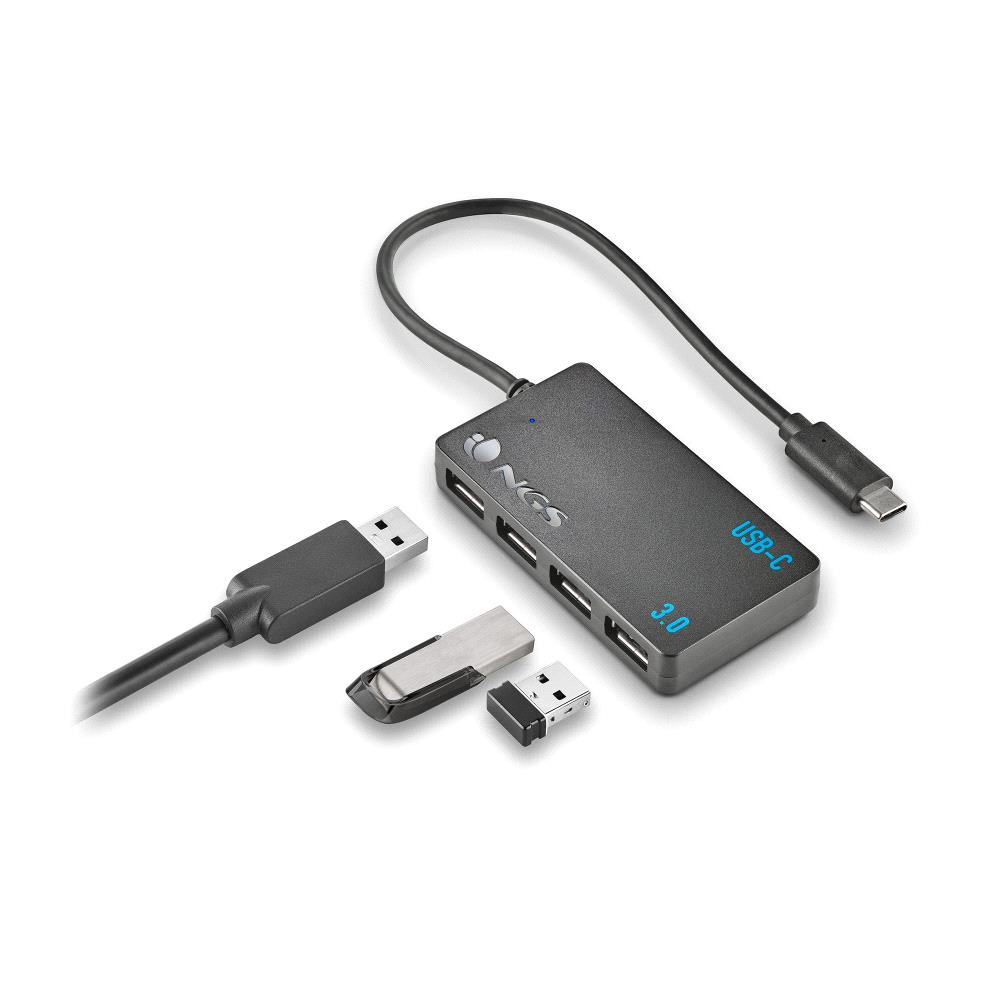 Hub NGS USB-C avec quatre ports USB 3.0 - Taille compacte - Vitesse de transmission élevée - Compatible avec les tablettes Mac et les PC/ordinateurs portables - Couleur noire