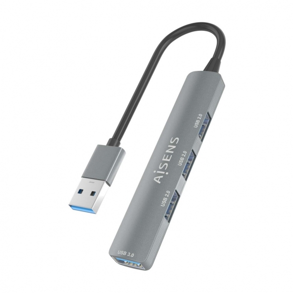 Hub USB Aisens Ultra Slim en aluminium - 1xUSB3.0 + 3xUSB2.0 - Haute vitesse 5 Gbit/s - Alimenté par bus USB - Couleur grise