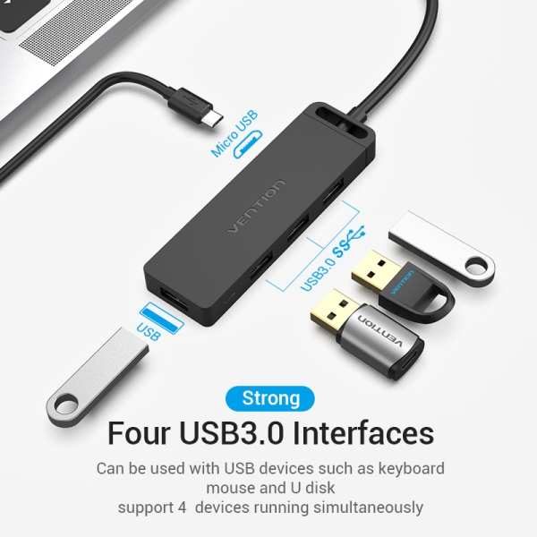 Hub USB C Vention 4 Ports - Haute Vitesse 5 Gbps - Compatible OTG - Large Compatibilité - Couleur Noir