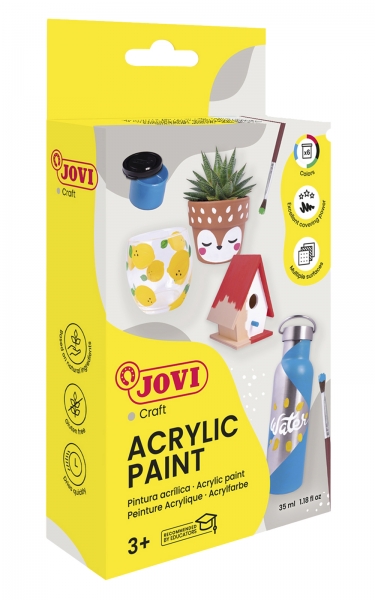 Jovi Coffret de Peinture Acrylique avec 6 Flacons + Pinceau - Finition Satinée - Haut Pouvoir Couvrant - Application Facile - Résistant à l'Eau et au Savon - Couleurs Assorties