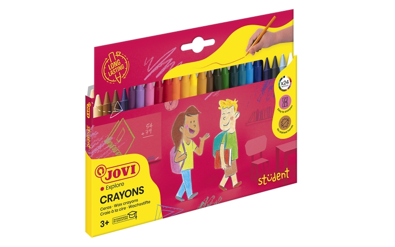 Jovi Crayons Student Étui de 24 crayons - Résistants - Ne tachent pas - Agréables à gratter - Finition brillante - Longue durée - Miscibles - Couleurs Assorties