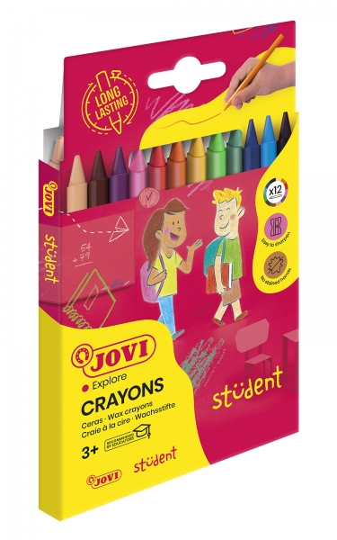 Jovi Crayons Student Mallette de 12 crayons en plastique - Résistants - Ne tachent pas - Agréables à gratter - Finition brillante - Longue durée - Couleurs miscibles - Couleurs assorties