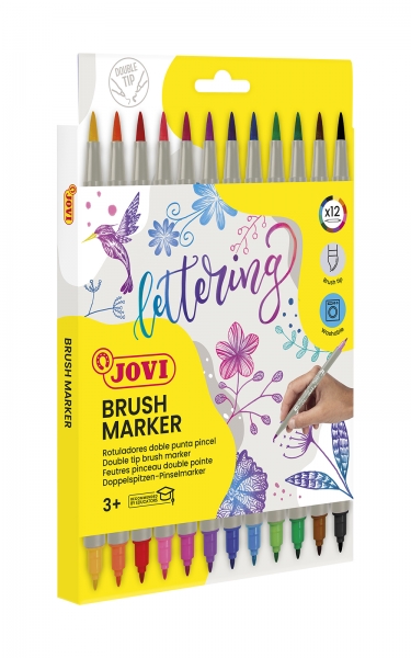 Jovi Feutres Etui de 12 Marqueurs Double Pointe Pinceau - Pointe Fine et Flexible - Encre à Base d'Eau - Idéal pour le Lettrage - Couleurs Assorties