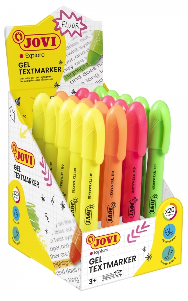 Jovi Gel Textmarker Display avec 20 marqueurs de texte - Couleurs fluorescentes - Aucune pointe nécessaire - Glissement doux - Ne pas transférer - Séchage rapide - Convient à la lumière noire - Couleurs assorties