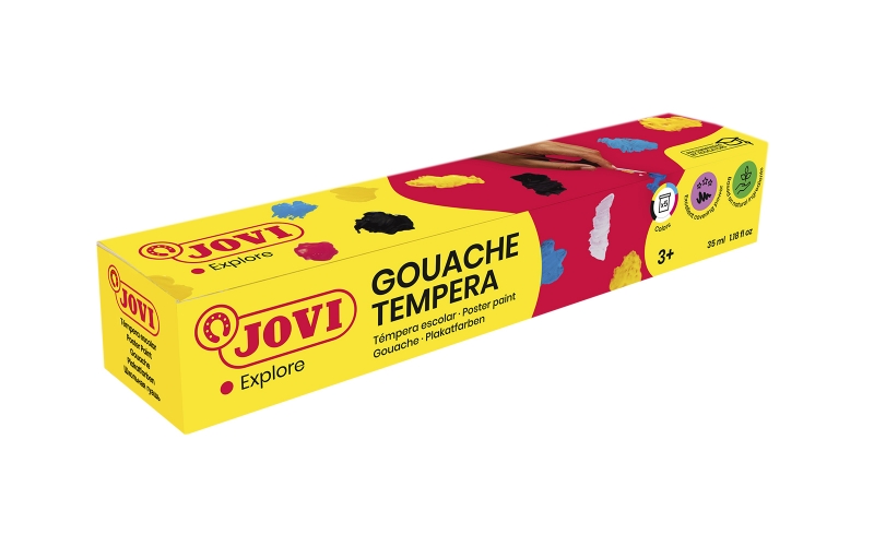 Jovi Gouache Lot de 5 Pots de Tempera Scolaires 35 ml - Miscibles - pour Papier, Carton, Bois, Tissu, Pâte à Modeler et Boue - Pinceau Inclus - Couleurs Assorties