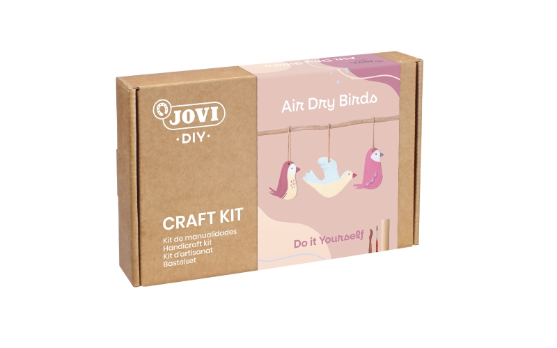 Jovi Kit de bricolage pour fabriquer des oiseaux – Pâte durcissante à l'air libre – 500 g – Rouleau en bois – Outils de modelage – Peinture gouache – Pinceaux – Carnet – Cordes en lin – Différentes couleurs