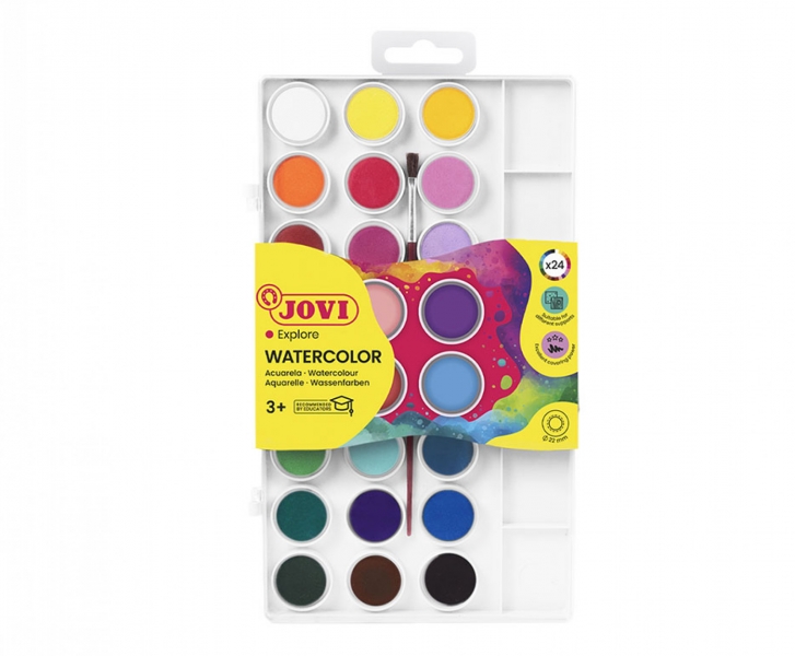 Jovi Pack de 24 Aquarelles en Poêle + Pinceau - Lumineux - Facilement Mélangable - Couleurs Assorties