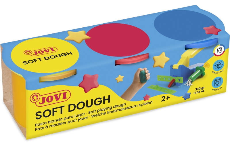 Jovi Soft Dough Blandiver Etui de 3 Pots 110gr - Souple et Flexible - Facile à pétrir et à mouler - Idéal pour Débuter en Modelage - Favorise la Créativité et la Motricité Fine - Couleurs Assorties