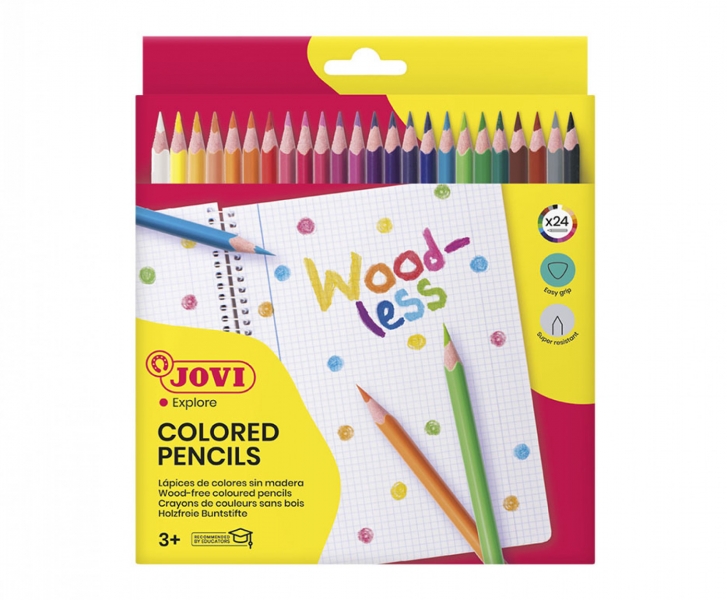 Jovi Woodless Pack de 24 Crayons de Couleur - Forme Triangulaire - Mines Résistantes - Sans Bois - Couleurs Assorties