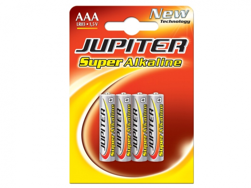 Jupiter Pack de 4 Piles Alcalines LR03 - Haute Technologie - Fiabilité - Haute Performance - Performance Maximale - Sûr et Non Contaminant - Divers Coloris