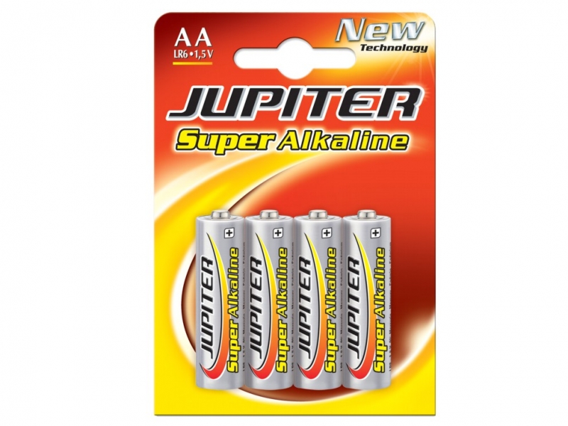 Jupiter Pack de 4 Piles Alcalines LR6 - Haute Technologie - Fiabilité - Haute Performance - Performance Maximale - Sûr et Non Contaminant - Divers Coloris