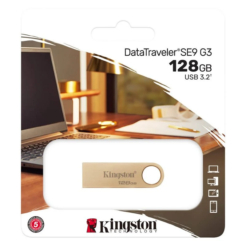 Kingston DataTraveler SE9 G3 USB-A 3.2 Gen 1 Mémoire 128 Go - Lecture 220 Mo/s - Design métallique - Couleur Or (Pendrive)