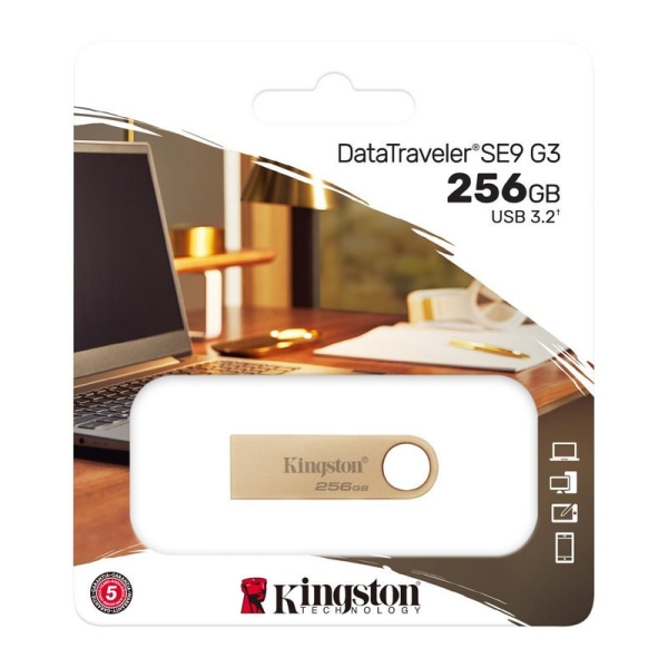 Kingston DataTraveler SE9 G3 USB-A 3.2 Gen 1 Mémoire 256 Go - Lecture 220 Mo/s - Design métallique - Couleur Or (Pendrive)