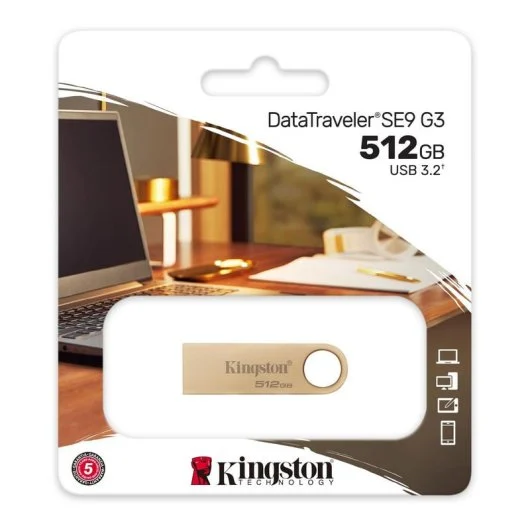 Kingston DataTraveler SE9 G3 USB-A 3.2 Gen 1 Mémoire 512 Go - Lecture 220 Mo/s - Design métallique - Couleur Or (Pendrive)