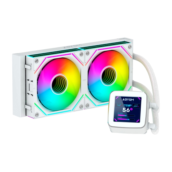 Kit de refroidissement liquide Abysm Oceanic LCD 240 ARGB - 2 ventilateurs 120 mm - Éclairage ARGB - Écran LCD 2,8" - Pompe 2500 tr/min - Tubes 350 mm - Couleur Blanc